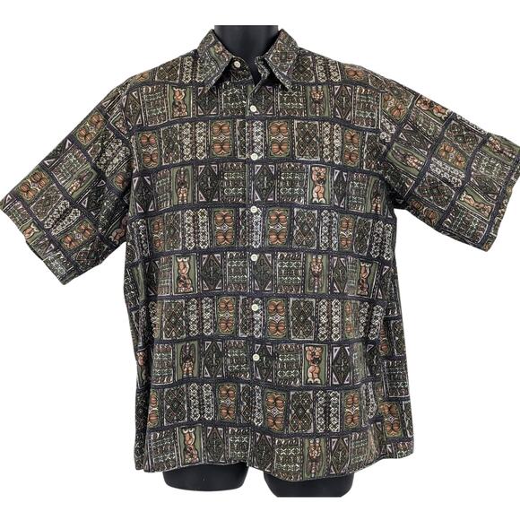 Vintage Y2K REYN SPOONER Hawaiian Traditionals Tiki ALOHA SHIRT Geometric Totems - Picture 2 of 5